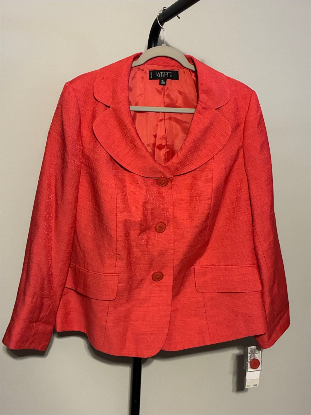 New! Kasper Cherry Coral Shimmer 3 Button Blazer 3/4 Sleeve Plus Size 18W NWT